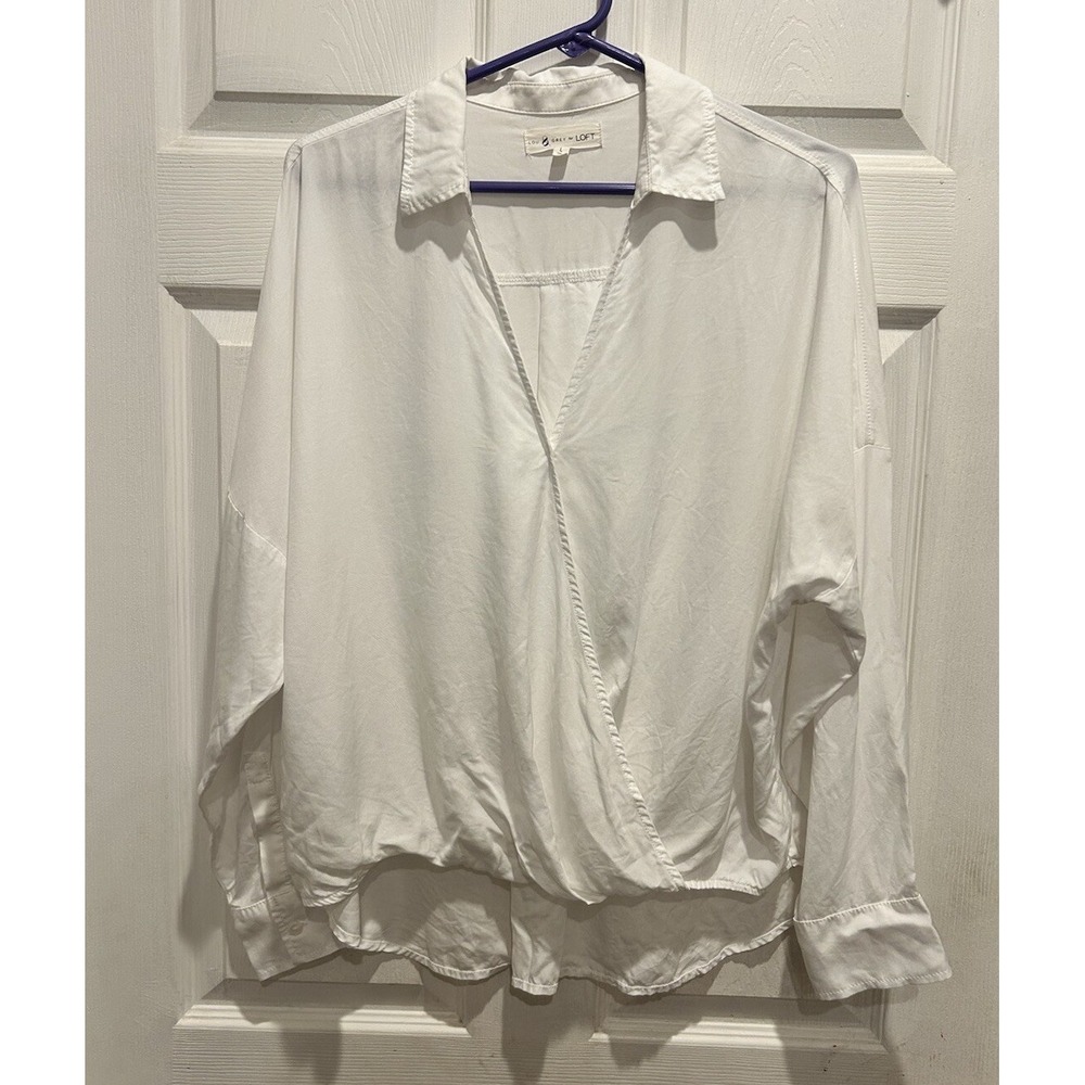 Lou & Grey for LOFT White Lyocell Wrap Front V-Neck Blouse Top Large Cottagecore